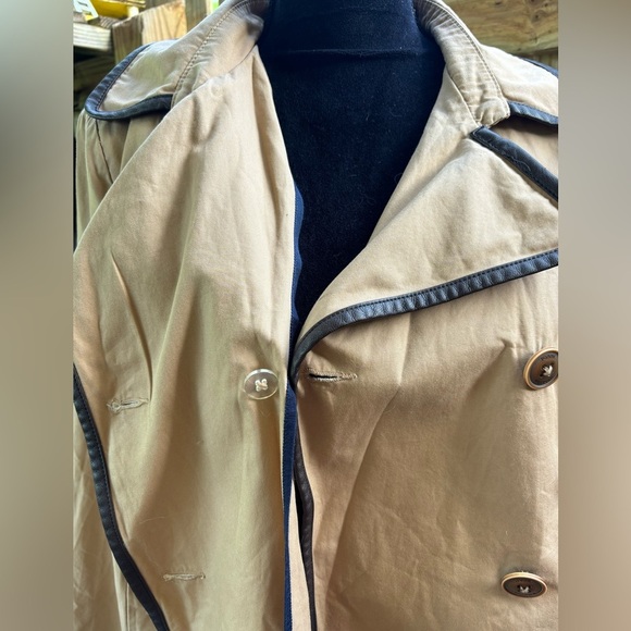 Tommy Hilfiger Tan Double Breasted Cotton Trench Coat with Faux Leather Trim L - Picture 8 of 14